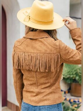 Faux Leather Fringe Jacket Nashville Country Studded Large Brown Suede